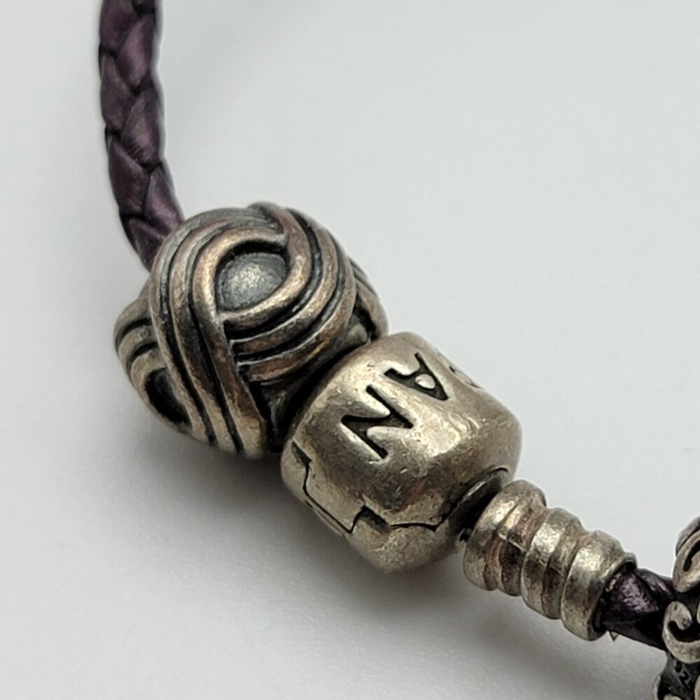 Pandora Brown Woven Leather Bracelet 6" With 3 Sterling Silver Charms All Marked - Picture 3 of 9